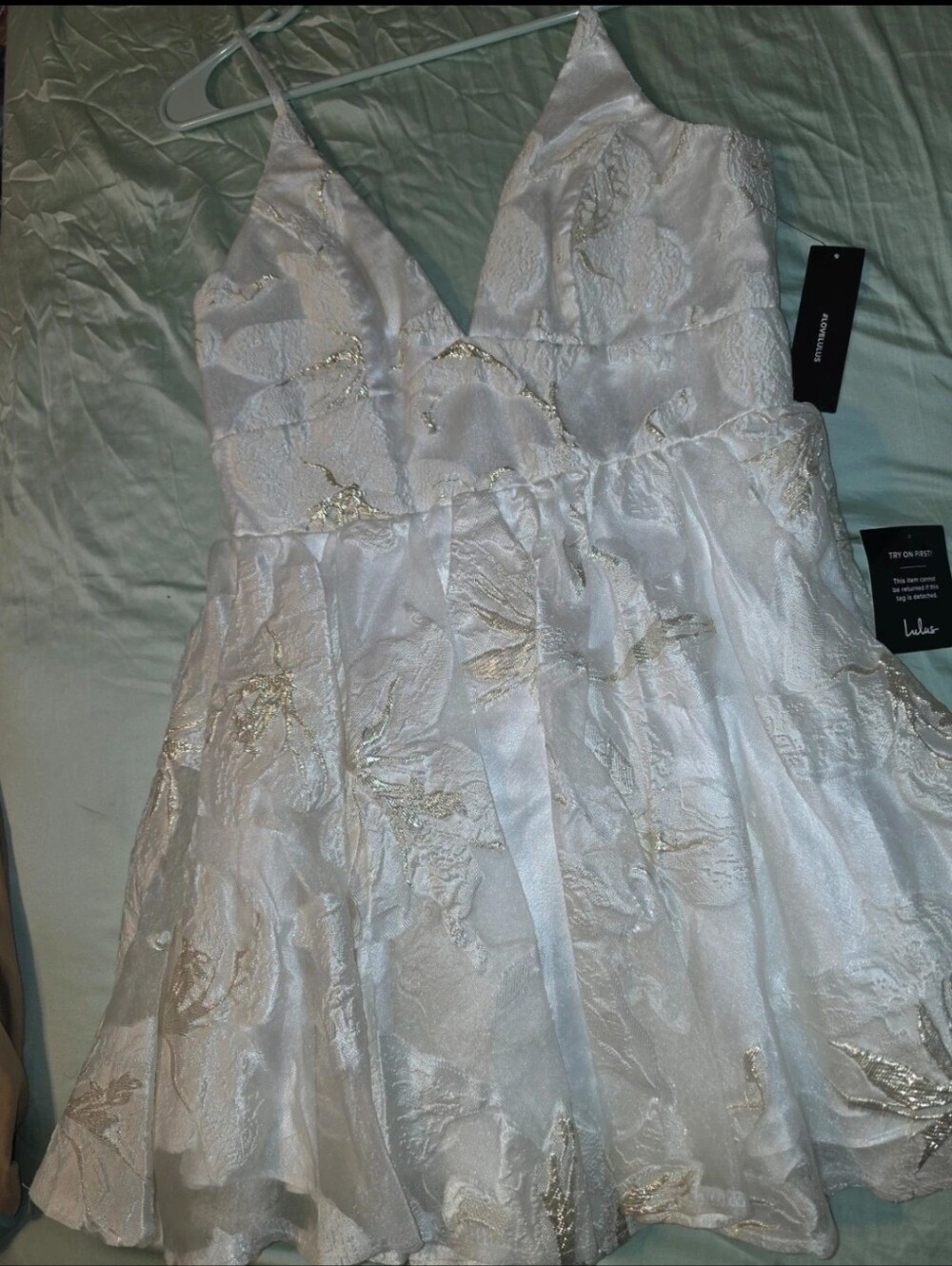 Lulu's "Feel Like This Forever" White & Gold Embroidered Skater Dress